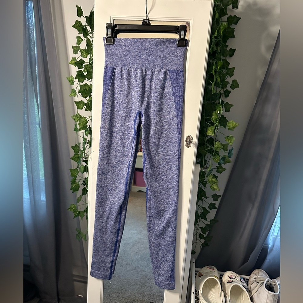 blue speckled, high waisted, extra small, gym leggings. brand: fabletics